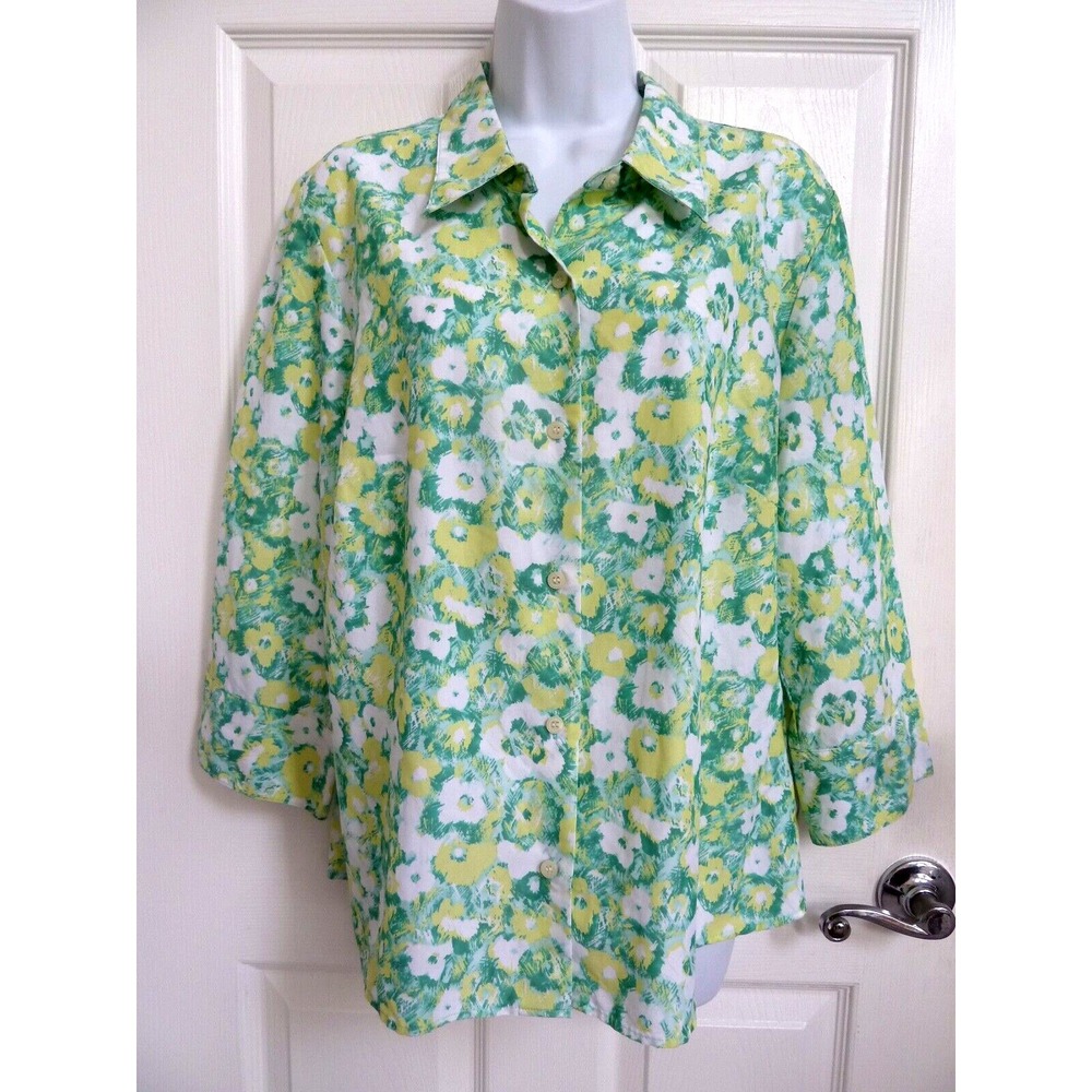 Liz Claiborne Womens Sz 14 Blouse Floral Cottagecore Yellow Green 3/4 Sleeve Top